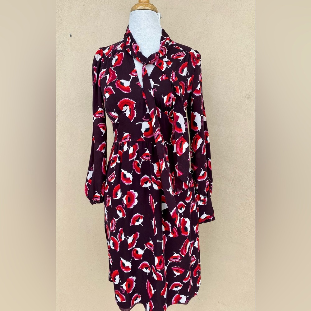 Milly Eggplant Poppy Floral 100% Silk Midi Dress Tie Bow 3/4 Sleeve Sz 4 EUC - Picture 3 of 6